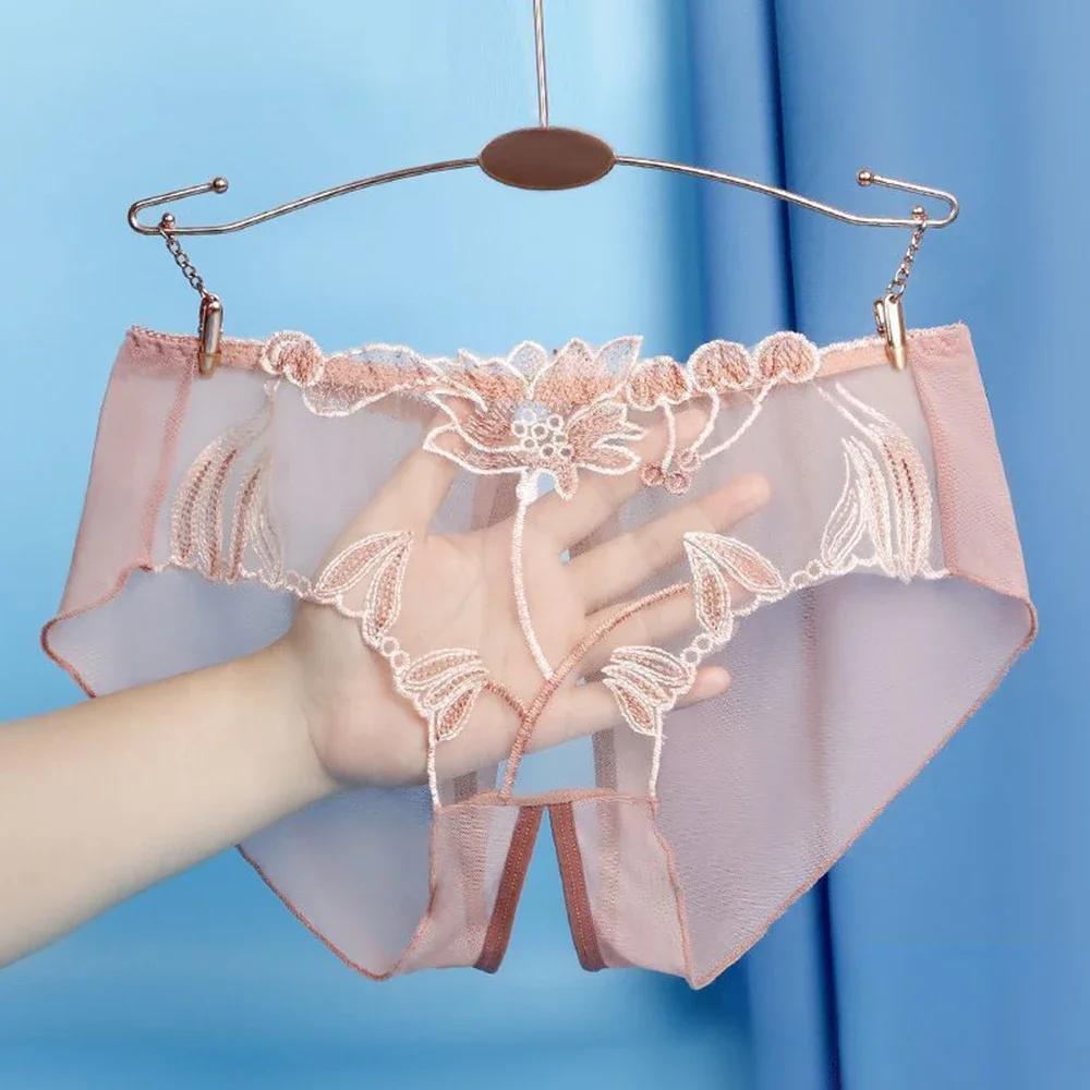 Women Plus Size Lace Sexy Transparent Underwear Floral Mesh Comfort Sheer Crotch Slit Traceless Briefs Panties Women's Briefs