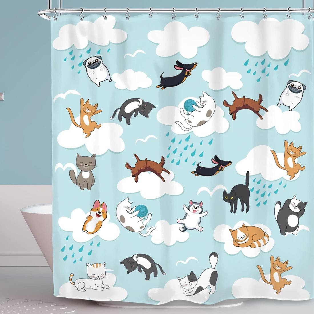 

Raining Cats and Dogs Shower Curtain Funny Cartoon Cute Animal Hilarious Pets Playing Water Polyester Waterproof Bathroom Panels W90xH180cm