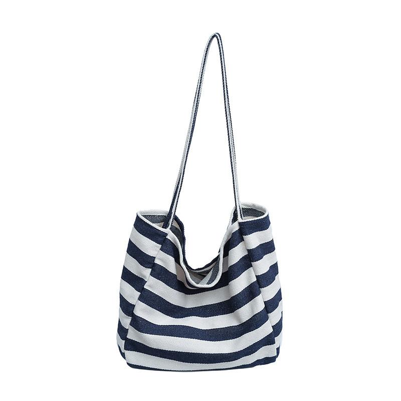 Stylish Korean Ins Color Block Striped Canvas Tote Bag Large Capacity For Shopping