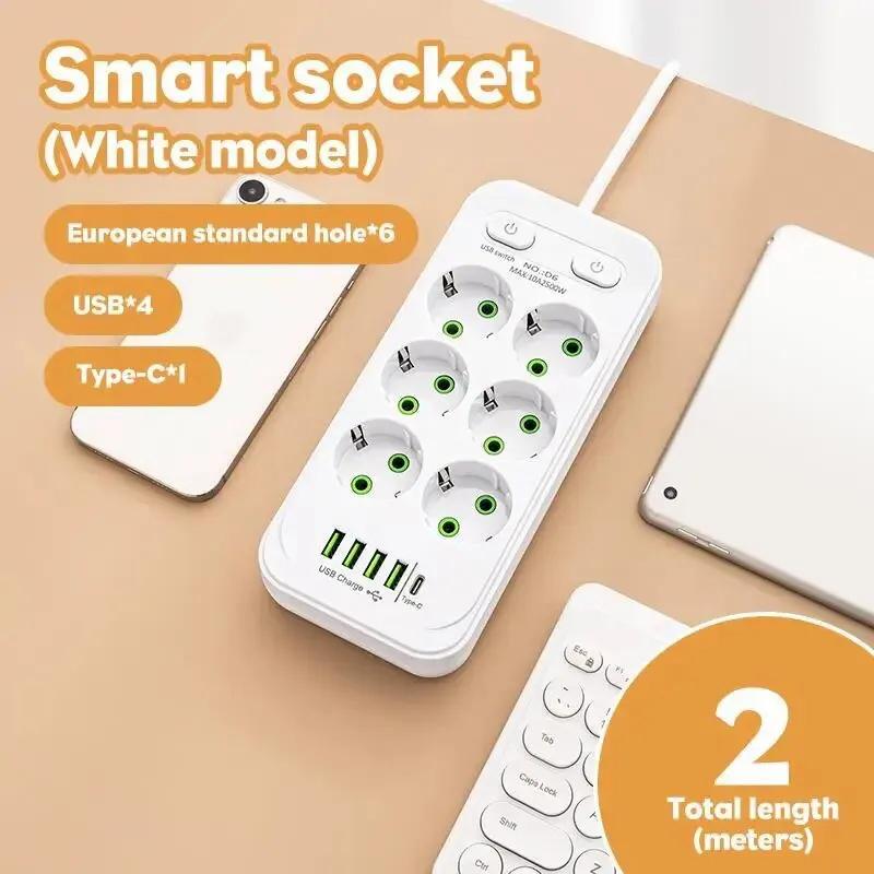 EU dugós váltóáramú aljzat többcsapos tápelosztó 2 m hosszabbító kábel elektromos aljzat Smart USB otthoni irodai túlfeszültségvédő hálózati szűrő