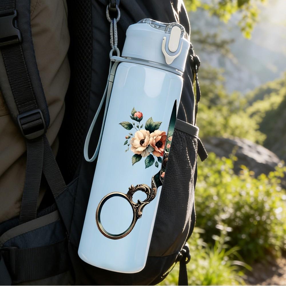 1PC Scissors Floral Vintage Retro Pattern 750ml Color Plastic Sports Water Bottle Leakproof Flip Straw Lid Suitable for Sports Office Home Use