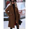 Women's Lapel Long Sleeve Wool Coat Loose Fit Solid Belted Double Breasted Commuter Long Overcoat