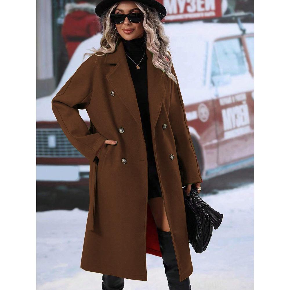 Women's Lapel Long Sleeve Wool Coat Loose Fit Solid Belted Double Breasted Commuter Long Overcoat