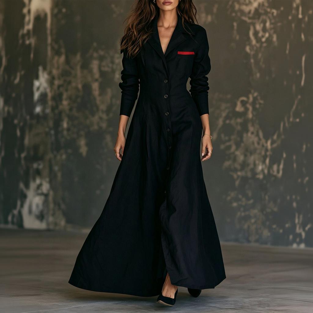 Abito Maxi da Donna a Maniche Lunghe con Colletto Colorato e Bottoni
