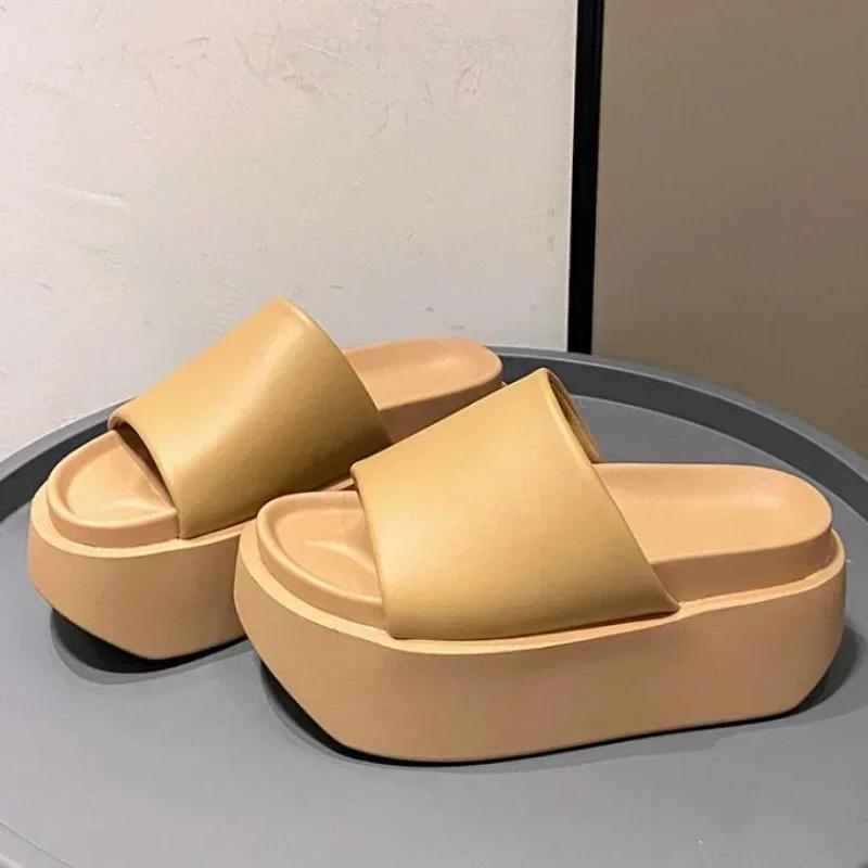 Klapki Damskie Letnie Damskie Klapki Plażowe Sandały Zewnętrzne Grube Skórzane Buty Damskie Obcasy Platformy Wysokie Klapki