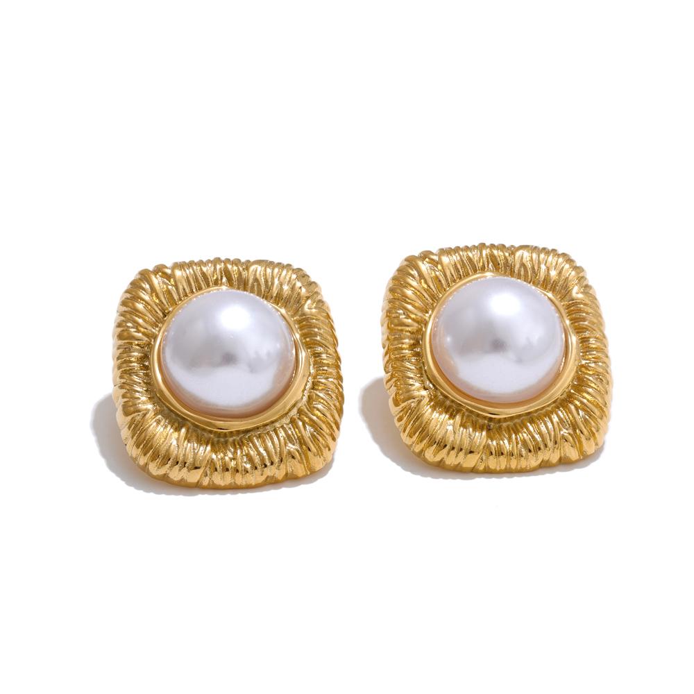 

Yhpup Vintage Simulated Pearls Stainless Steel Metal Square Stud Earrings for Women Trendy Fashion Jewelry Anti Allergic
