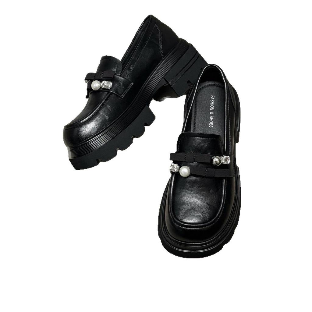 Black British style platform thick high-heeled small leather shoes women's 2025 new autumn retro versatile heightened loafers shoes