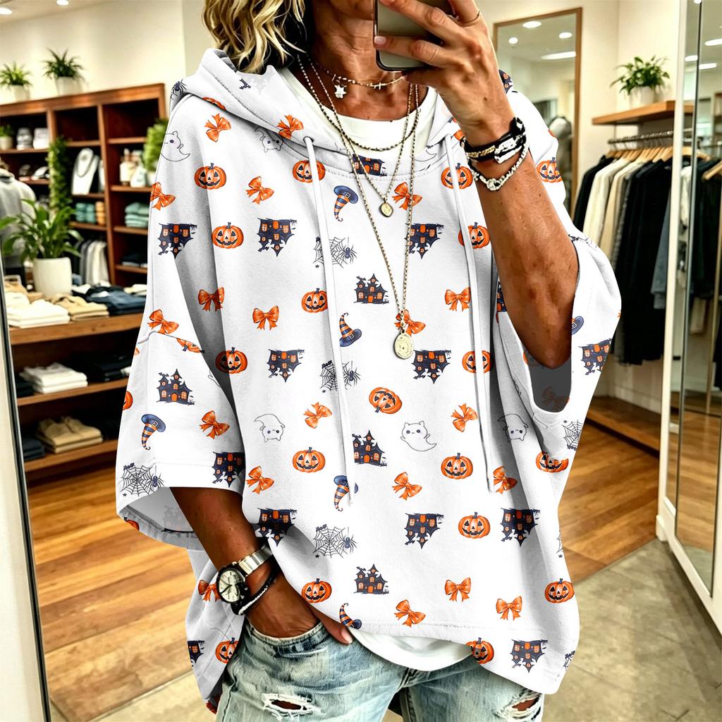 Women's Hoodie with Halloween Print, Loose Fit Casual Pullover Top