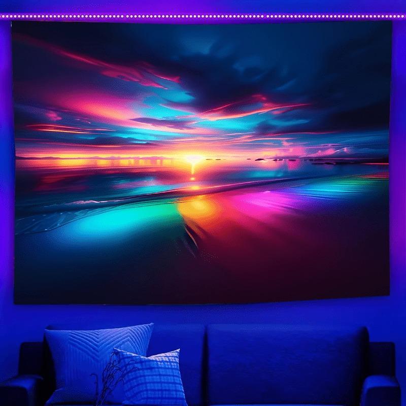 Ultraviolet cosmic vortex luminous tapestry, indoor mood to create atmosphere, psychedelic luminous art, bedroom decoration