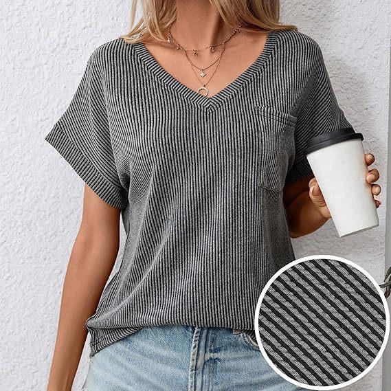 GMXIA Spring Summer Fashion Two-color Twist Short Sleeve V-neck Top T-shirt for Women