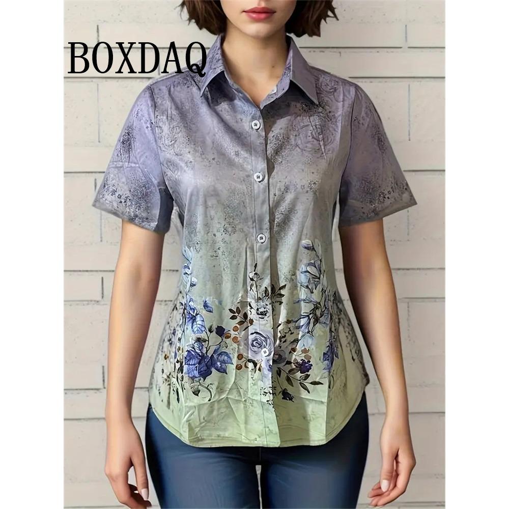 Summer Chic Women's Lapel Short-Sleeved Loose Shirts Spring Single-Breasted Tops Casual Flower Printed Blouses Women's Clothing
