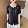 Women's Spring and Summer Models Worsted Single-breasted Medium-sleeved Bottoming Shirt Personality Cardigan Round Neck Casual Tops