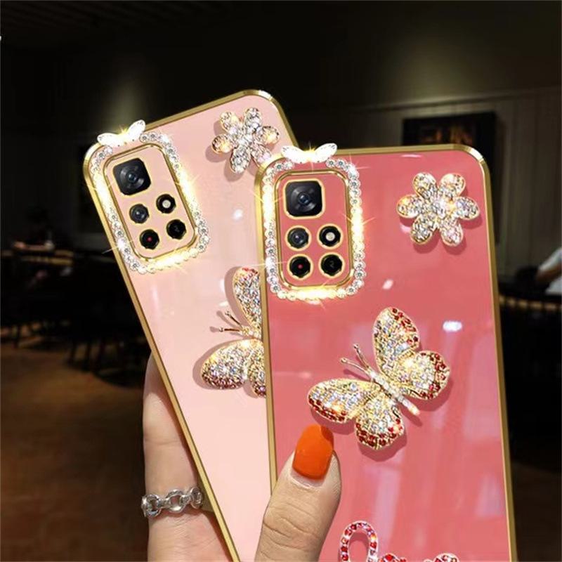 Silicone iPhone 13 Diamond Case with Soft Butterfly and Flower Design for Apple, OPPO, vivo, Huawei Fashion Models.