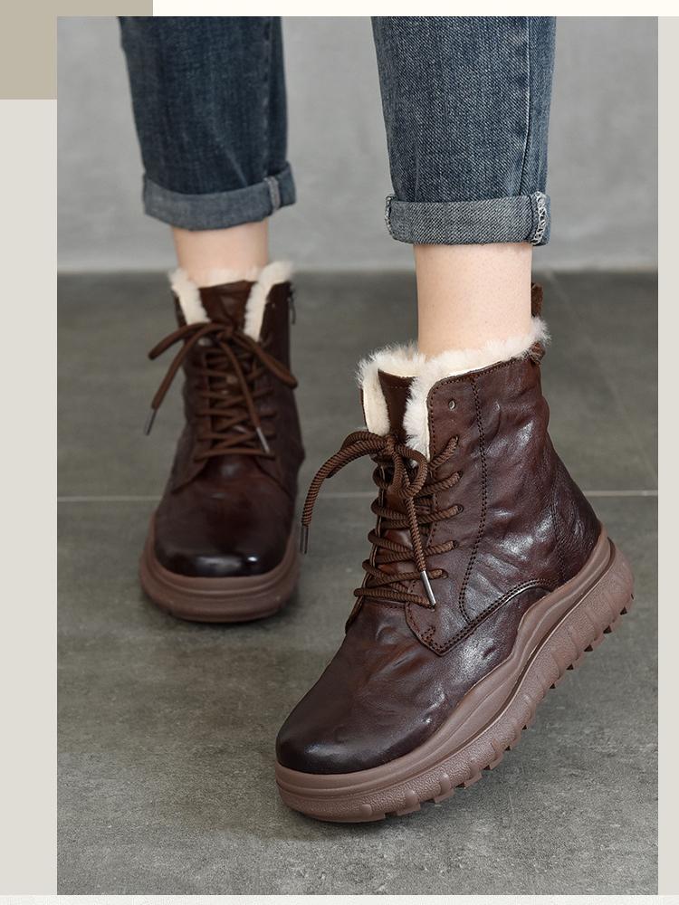 Johnature Thick Sole Wool Boots Thickened Warm Cotton Boots Genuine Leather Retro Women Short Boots