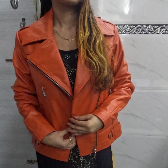 Noora Womens Lambskin Orange Leather Jacket | Stylish Motorcycle Biker Rider Jacket | Slim Fit Winter Party Jacket | Best Gift for Her