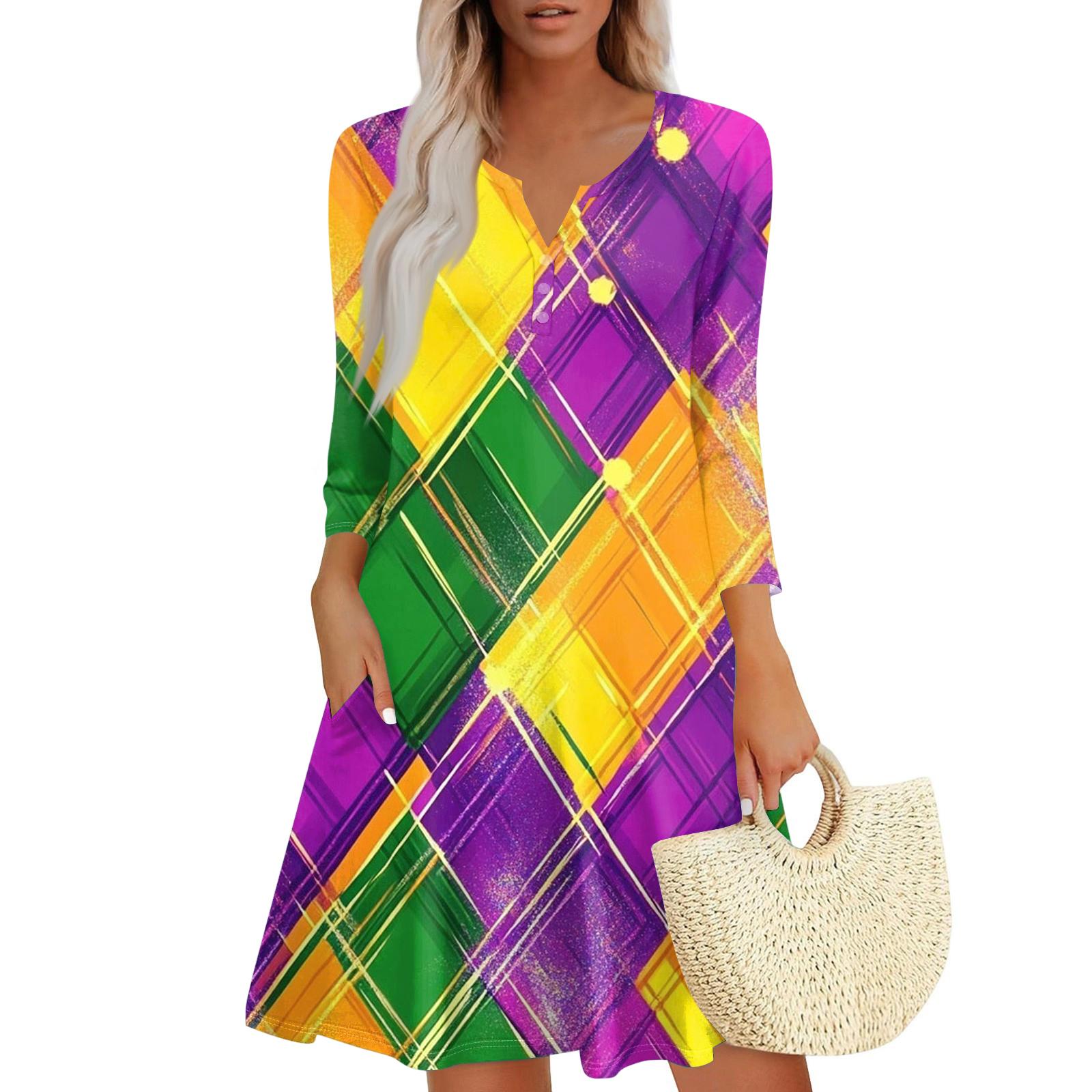 

Women s Dress Loose V Neck Three-quarter Sleeve With Pockets Dress L