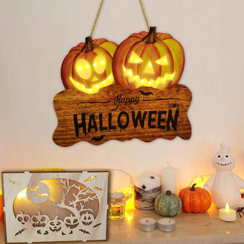 Décoration d'Halloween Lumière LED Accroche-porte Panneau de bienvenue Joyeux Halloween Citrouille Artisanat Mural Pour Maison Jardin Extérieur Décor Horreur