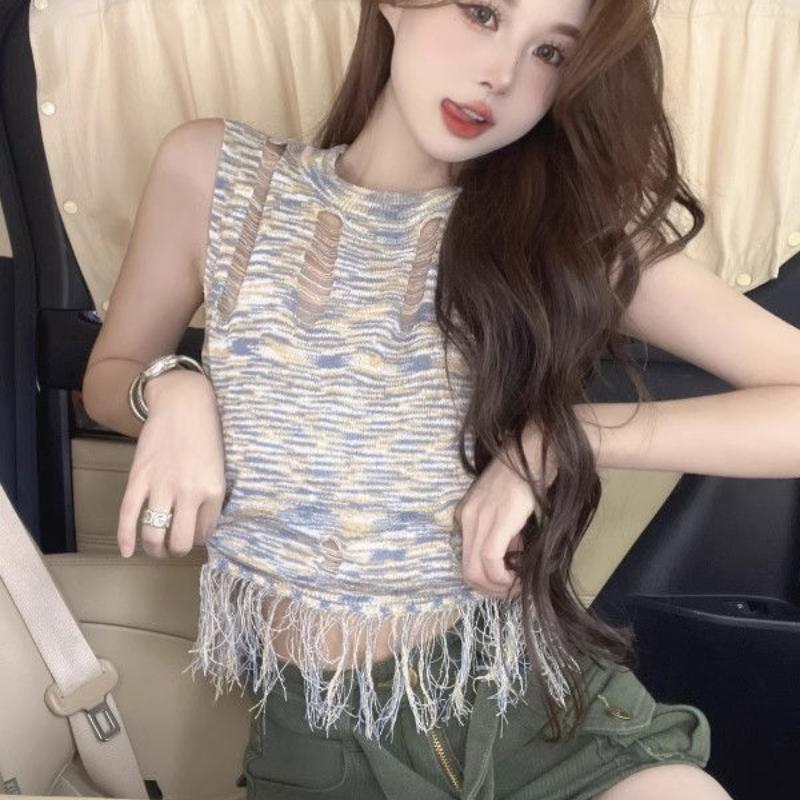 Hollowed-out Sleeveless Vest for Women Thin Style In Summer Unique Design Sense Chic Suitable for Wearing Outside Sexy Su Knitted Top