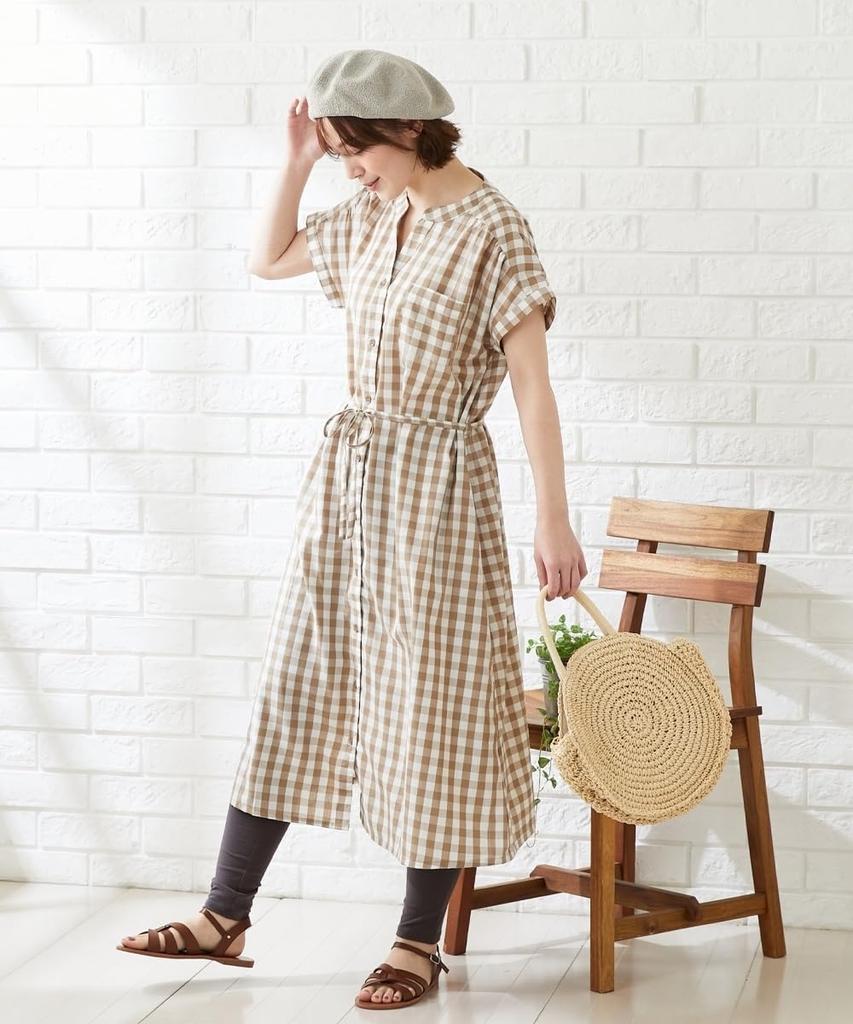 Nissen Shirt with Waist Ribbon and Beige Maternity Size 3L Women's Maternity/Nursing Dress, Yarn-Dyed Short-Sleeve (Pre- Postpartum), (Gingham),