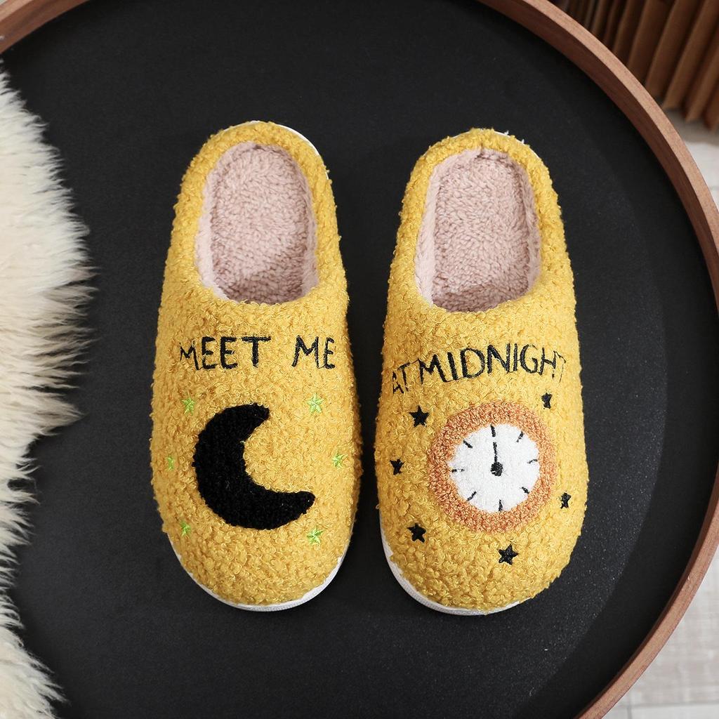 Women's Winter Cute Cartoon Smiley Face Cotton Slippers - Plus Size, Moon Clock Design.