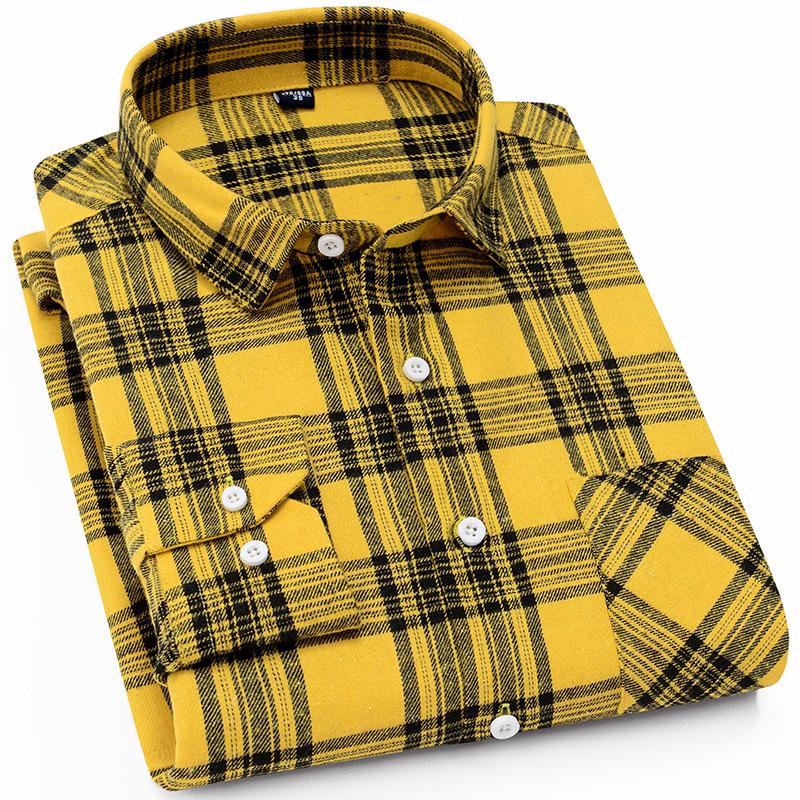 Camicia Uomo Slim Fit A Quadri In Flanella – Maniche Lunghe, Gialla (Taglie Dalla S Alla 6XL)
