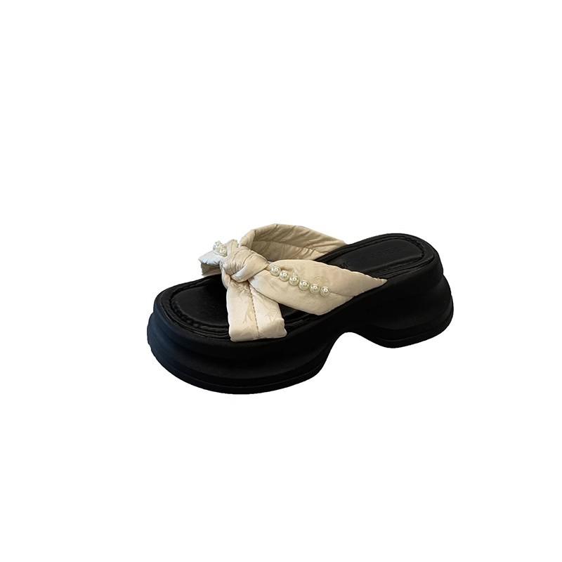 Pearl bow cool slippers women's summer wear new thick bottom heightening skirt beautiful beach one-word drag