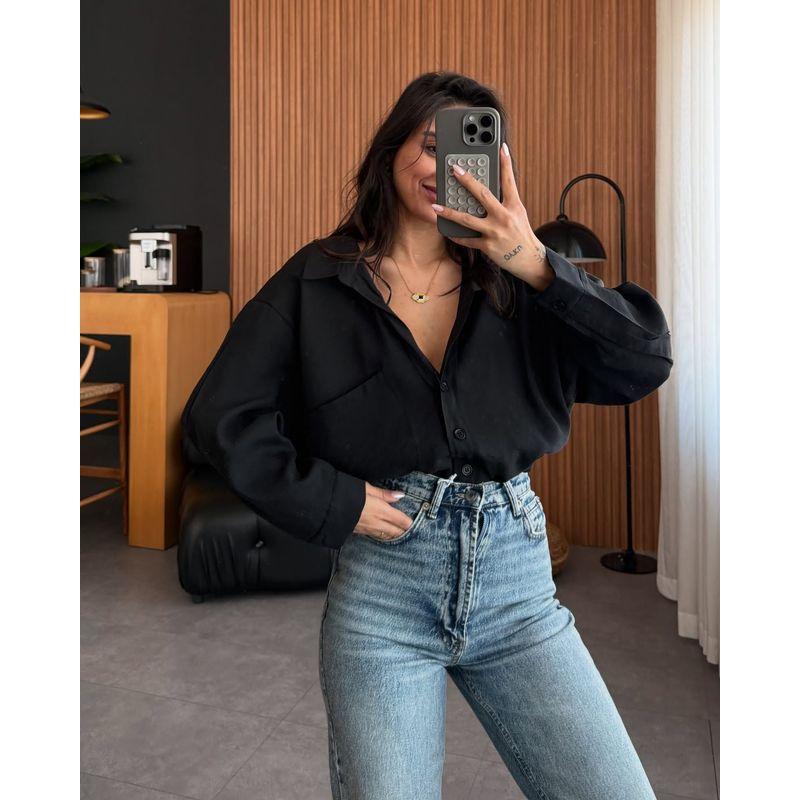European and American Fashion Casual Loose Long sleeve Shirts Top Solid Color Loose Fitting Shirt