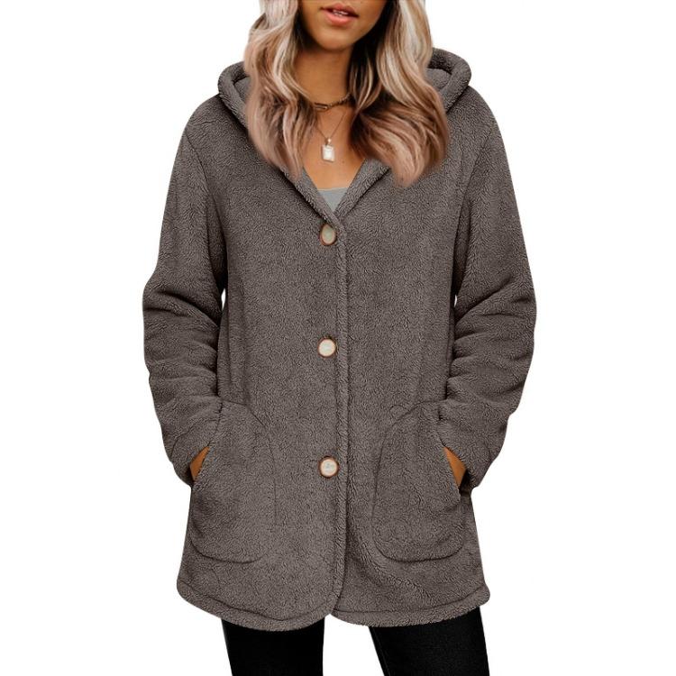 

Loose Hooded Plush Jacket Womens Fashion Long Sleeve Solid Color Pocket Button S