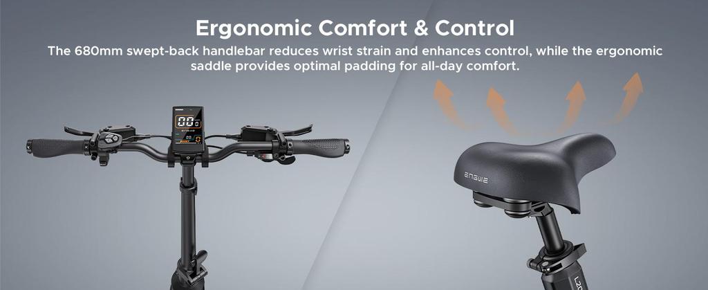 The ENGWE electric bicycle comes with an app, a 48V 13.5Ah battery (range up to 135 km), and 20*3.0 tires.L20 3.0 BOOST