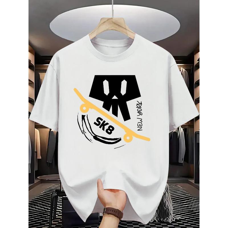 Skateboard Pattern Crew Neck T-Shirt, Street Fashion Men's Wear for Sports and Casual