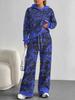 European, American autumn and winter blue splicing flower casual long-sleeved suit women's hooded sweater trousers two-piece set