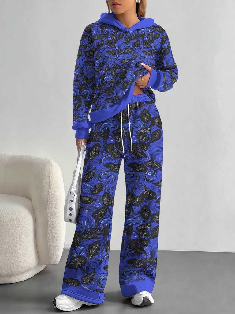 European, American autumn and winter blue splicing flower casual long-sleeved suit women's hooded sweater trousers two-piece set