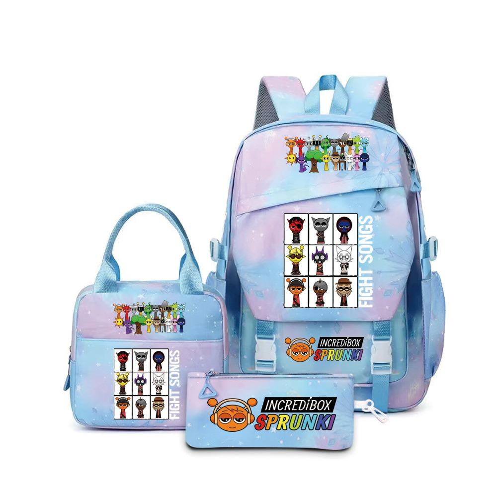 Around the box, elementary school bag sprunki cartoon backpack three-piece set D