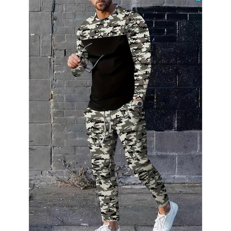Men's Fashion Graffiti Novelty Pajamas Loungewear Set Autumn Men's Daily Casual Long-sleeved T-shirt Street Fashion Pants