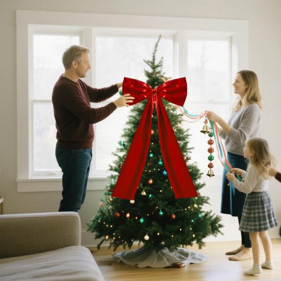 Red Ribbon Bow Christmas Tree Topper Bow Satin Bow with Long Streamers Festive Party Prop for Front Door Holiday Decor