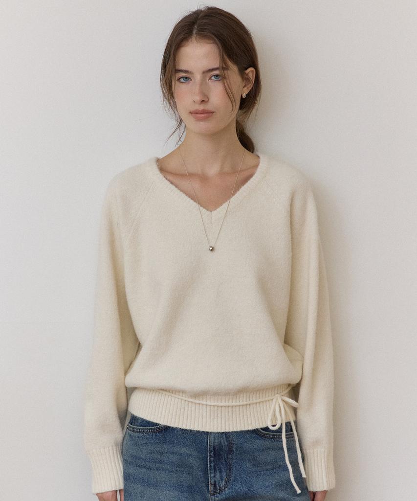 OURHOPE Wool String V-Neck Knit - Ivory