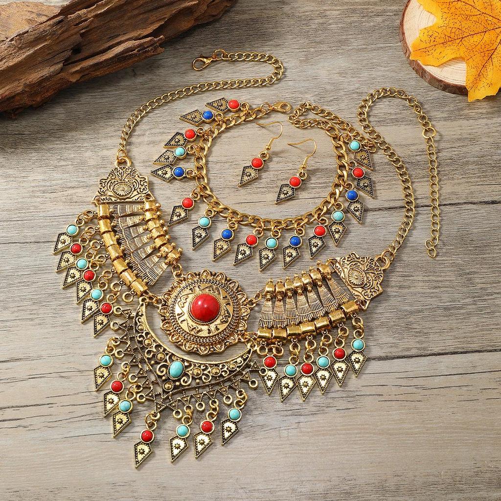 Tibetan Ethnic Tassel Jewelry Set: Necklace, Earrings, Bracelet & Sweater Chain