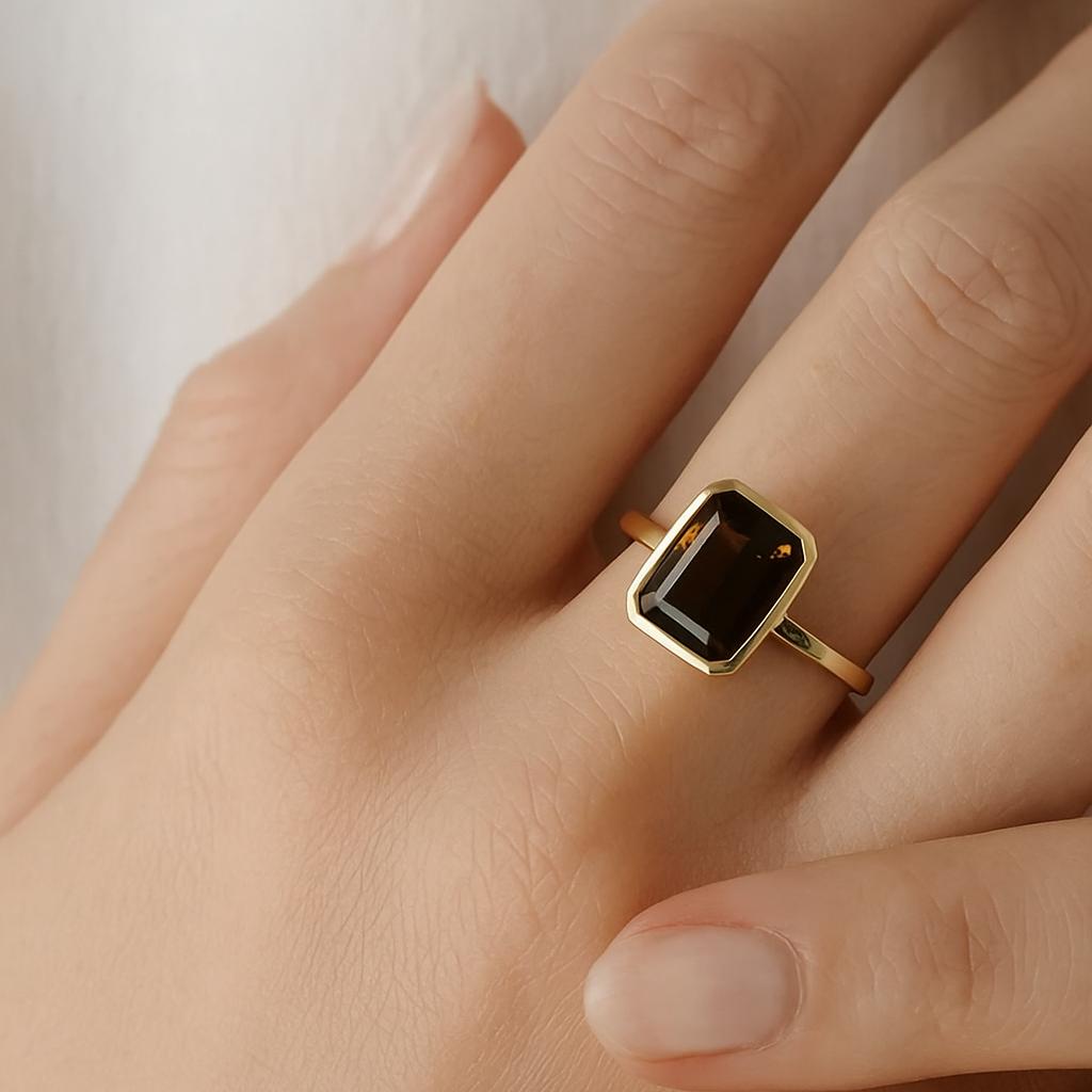 Emerald Cut Smoky Quartz Ring, Yellow Gold Plated Silver, Bezel Set Brown CZ Solitaire Statement Ring for Women