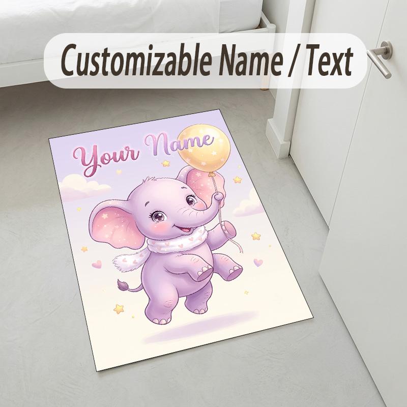 Elephant Theme Crystal Velvet Rug Personalized Custom Name Text Soft Floor Mat Home Decor