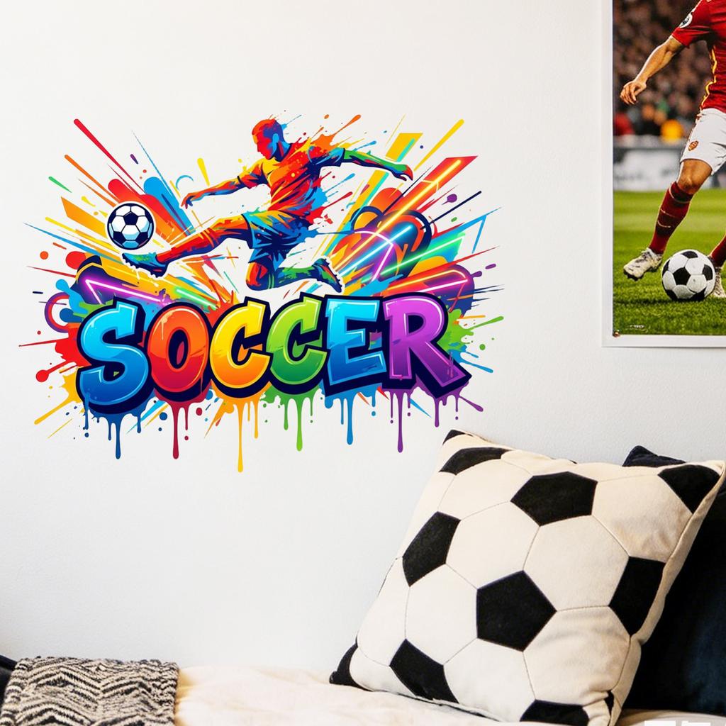 Soccer Player Wall Decal for Kids Room School Decoration Sports Theme Vinyl Sticker Removable Background Art for Playroom Bedroom