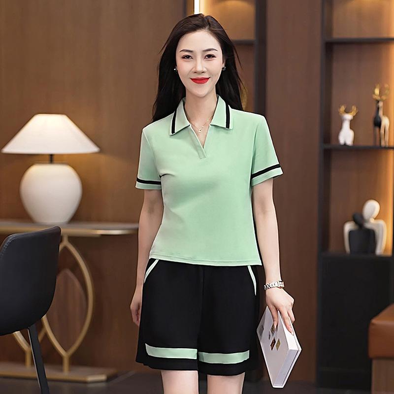 Women's Summer Loose Casual Short Sleeved Running Collar Sportswear Set Two-piece Set