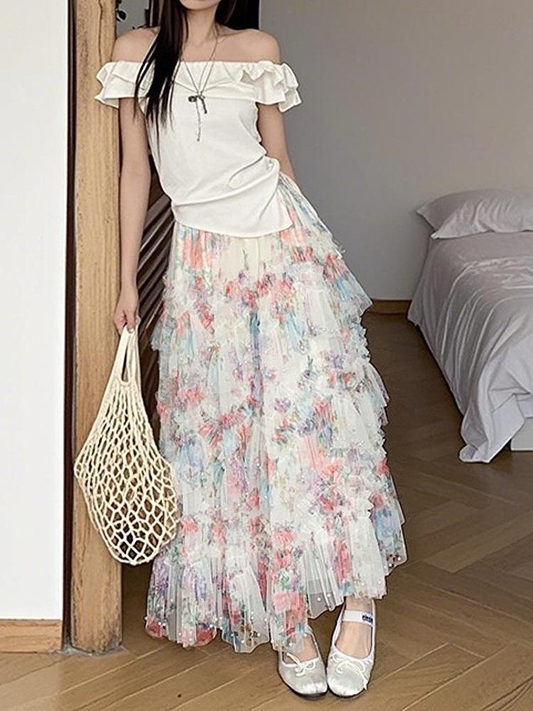 Tüllrock mit Perlen und Blumendruck und unregelmäßigem Saum - Damen Netz-Puffrock