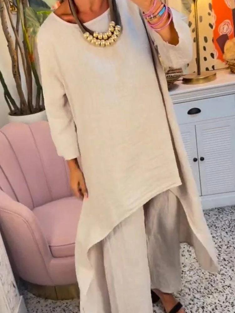 Damen Asymmetrischer Saum Lockeres Oberteil und Weitbeinige Hose Set in Mehreren Farben