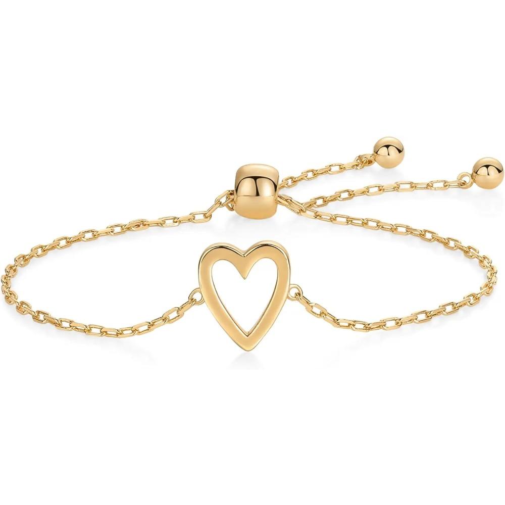 14K Gold Plated Stainless Steel Matching Heart Charms Solitaire Bracelet Set for Women Best Friend Adjustable Love Friendship