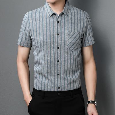 Men's Summer Stripes Short Sleeve Gray Cotton Casual Youth Striped Thin Regular Summer Lapels Shirt