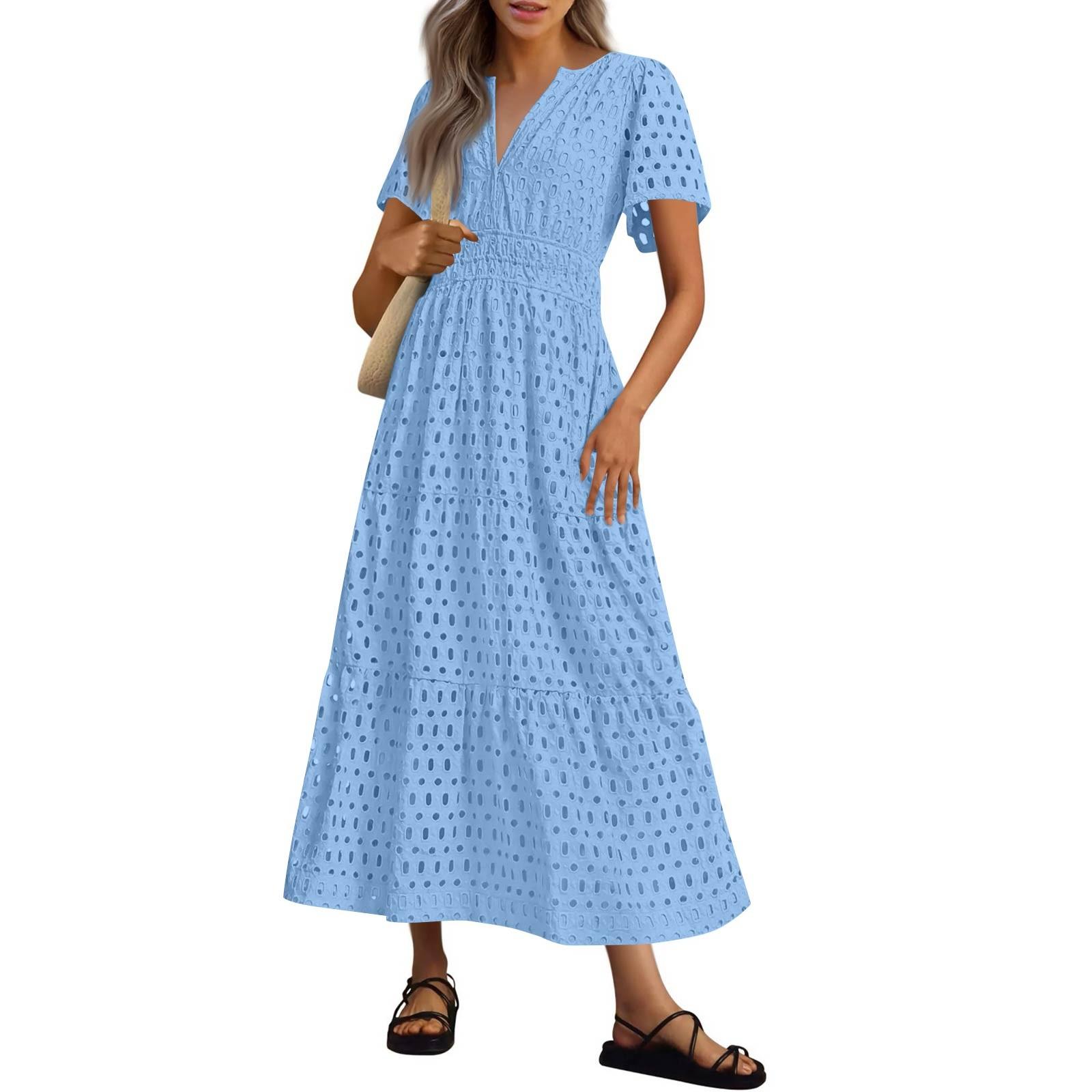 

Женские летние модные ажурные кружевные короткие рукава длинные однотонные повседневные платья XXL светло-синий