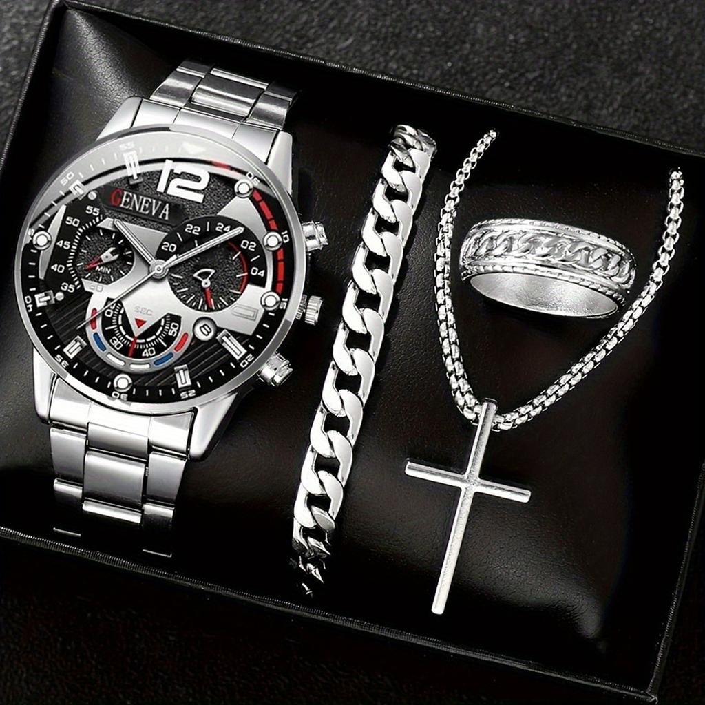 4-piece Retro Men's Fashion Accessories Set, with Cross Necklace, Ring and Bracelet Chain, Suitable for All Occasions.