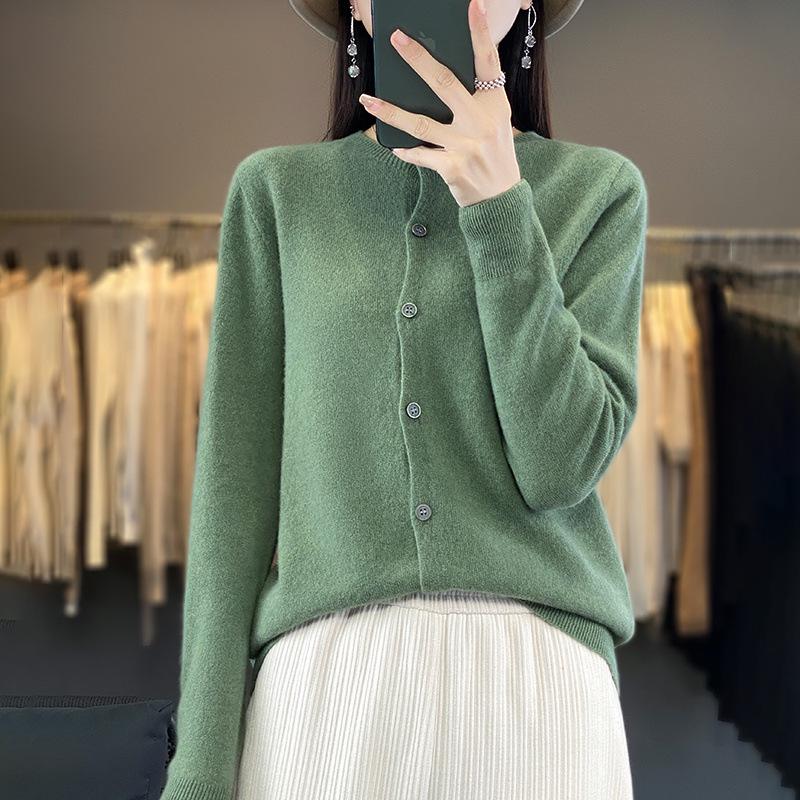 Women's Wool Cardigan: Autumn/Winter Round Neck Long Sleeve Knit Sweater, Slimming & Loose Fit