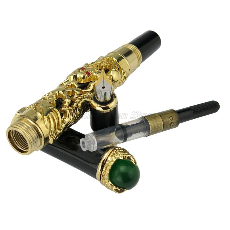 Jinhao Oro Brillante Metallo Drago Antico Re Intaglio Perla Goffratura Pennino Medio Pennino Stilografica Ufficio Scuola Cancelleria