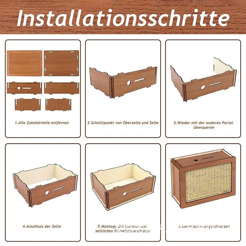 Wooden Money Saving Box 1000/2000/3000/5000/10000 Euros With Savings Goals And Digital Box, A Reusable Wooden Piggy Bank